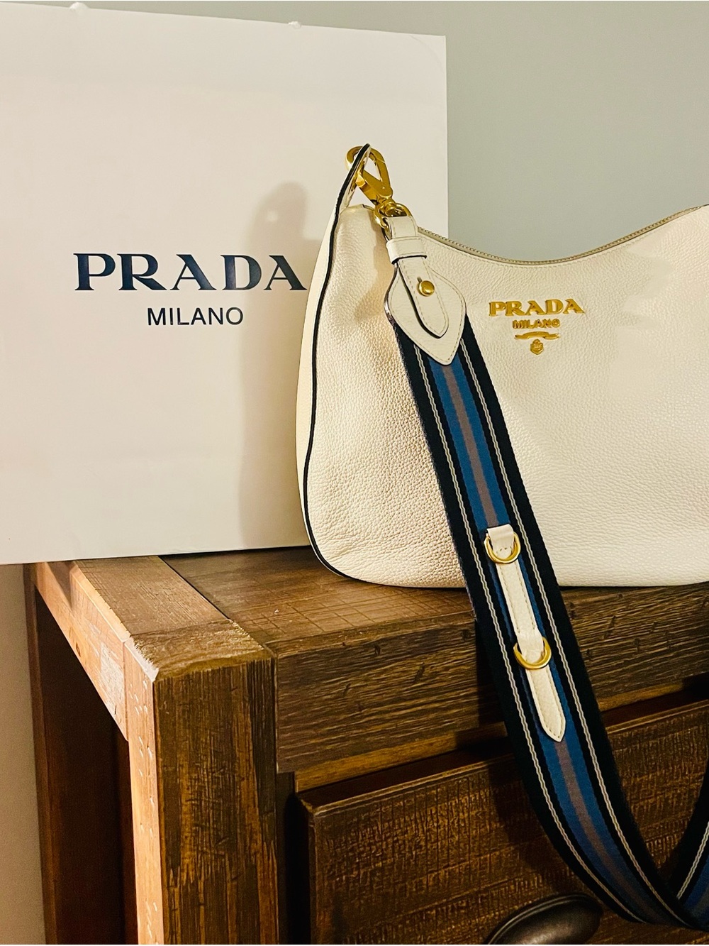 Prada Hobo Vitello White Pebbled Leather Shoulder Bag with Striped Strap- Medium